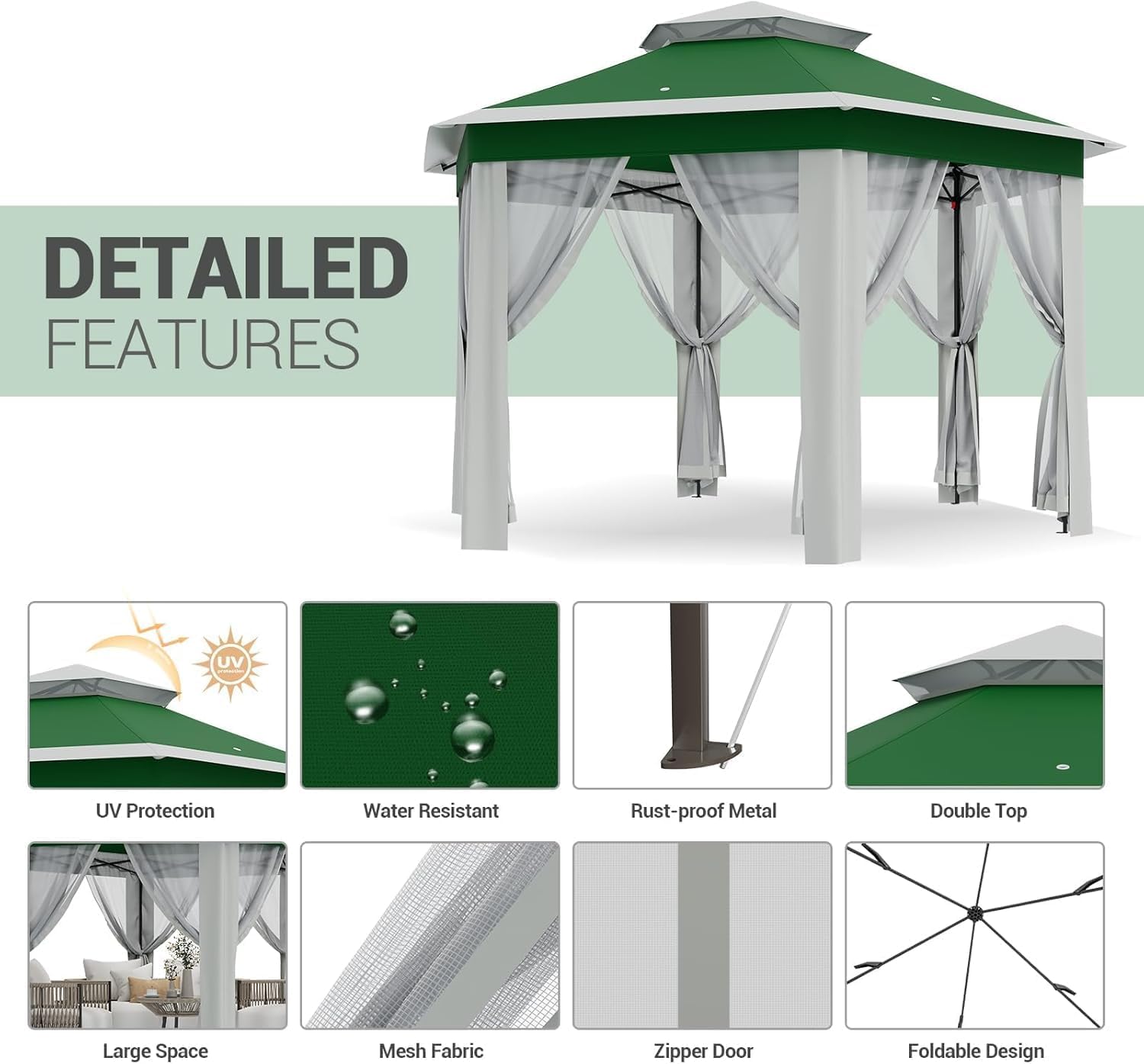 13'x13' Pop Up Gazebo, Hexagonal Outdoor Canopy Tent, [Sturdy Metal Frame] Instant Pop Up Tent with Mesh Netting, Waterproof & UV-Resistant Outdoor Gazebo for Backyard, Patio, Deck, Lawn Party(Green)