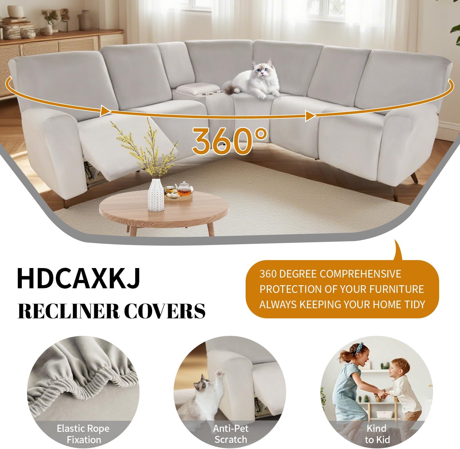 HDCAXKJ Reclining Sectional Couch Covers Velvet L Shaped Sectional Sofa Cover Washable Stretch Soft Corner Recliner Slipcover with Non-Slip Elastic Bottom (5 Seat and 1 Middle Console, Air Gray)