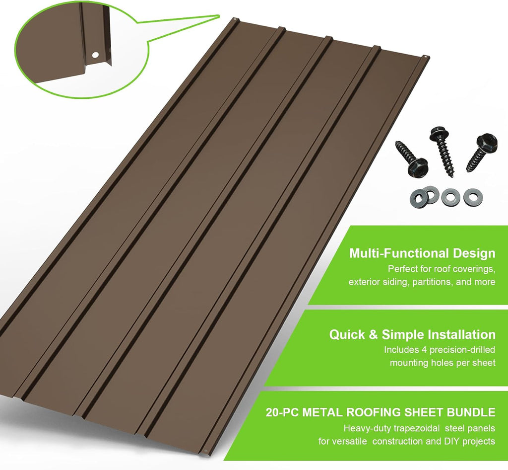 20PCS Metal Roofing Panels, Corrugated Galvanized Roof Panels, Waterproof Metal Siding Panels with 120 Pcs Steel Screws for Pergola, Gazebo, Shed, Garages, Stables and Mobile Homes -Brown