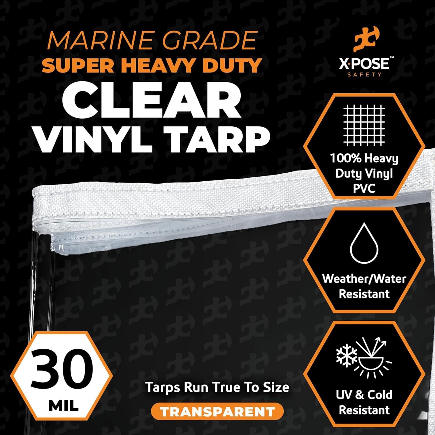 10' x 10' Clear Vinyl Tarp - 30 Mil Super Heavy Duty Transparent Waterproof PVC Tarpaulin with Brass Grommets - for Patio Enclosure, Temporary Wall, Camping, Tent Cover, Canopy - by Xpose Safety