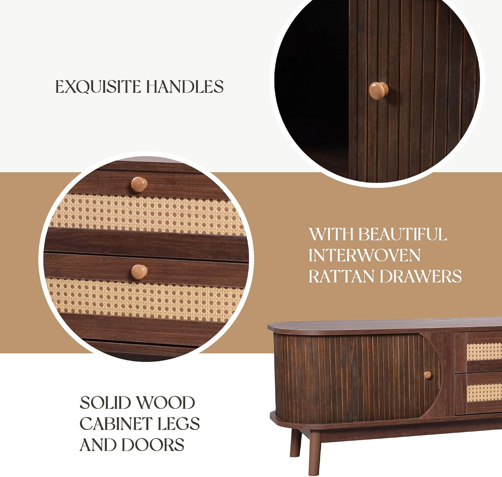 Merax Modern Fluted TV Stand for 75' TVs, Mid-Century Entertainment Center Tambour Door Media Console TV Cabinet with Rattan-Front Drawer for Living Room, Curved Profile Design