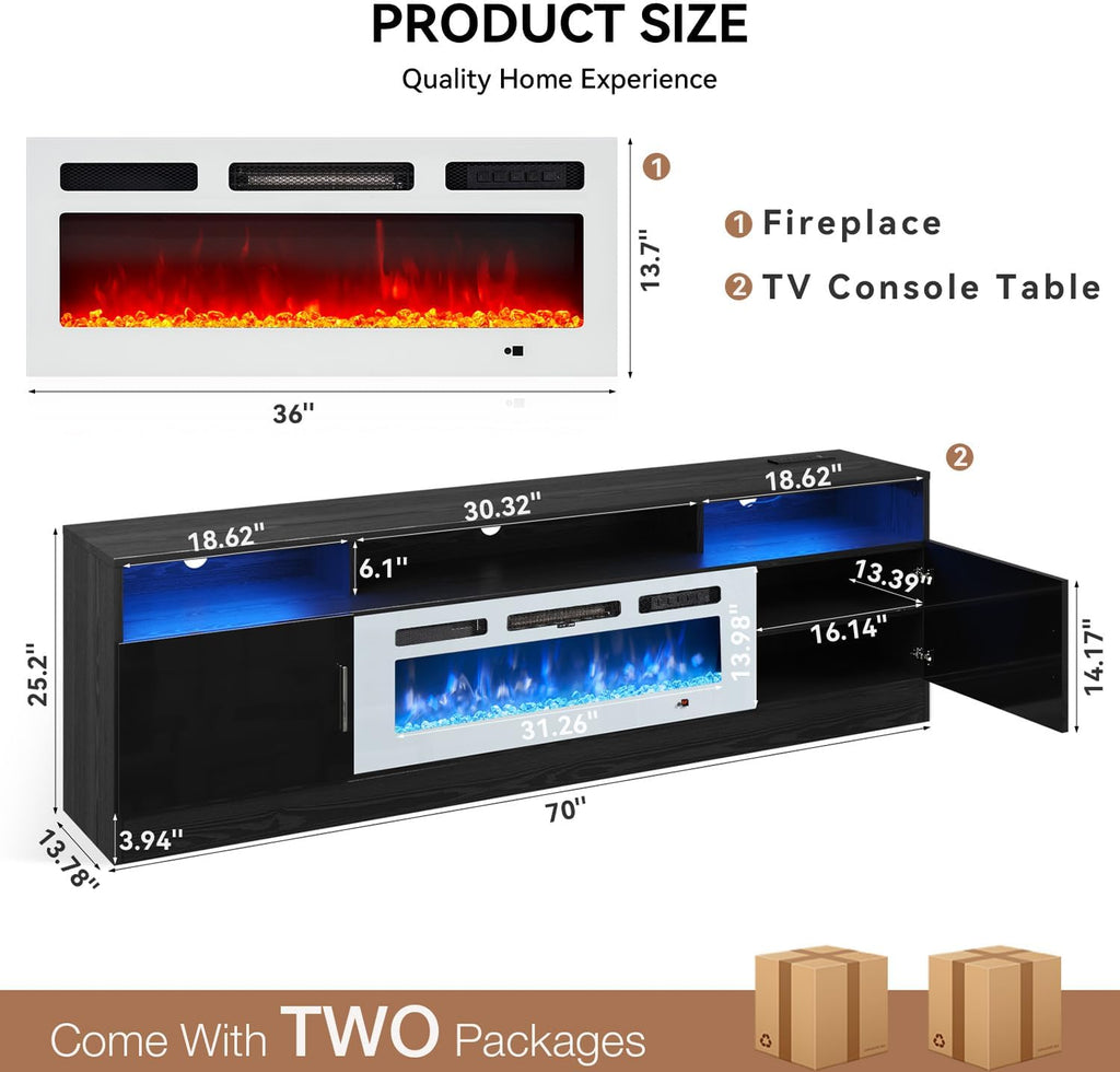 MXV 70' Fireplace TV Stand with Power Outlet for TVs UP to 80', Electric Fireplace Entertainment Center with LED Lights & Storage Cabinets, TV Console for Living Room, Office, Black-White