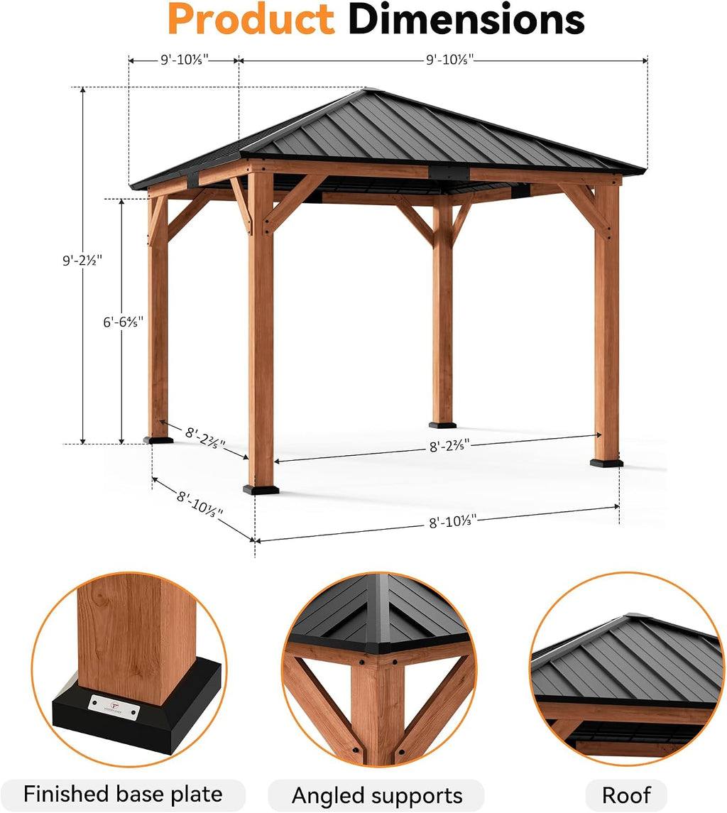 Modern Shade Tranquil Grove Wood Gazebo 10' x 10', Hardtop Gazebo Permanent with Galvanized Steel Roof, Cedar Outdoor Gazebo with Sturdy Hooks for Garden, Backyard, Patio and Deck