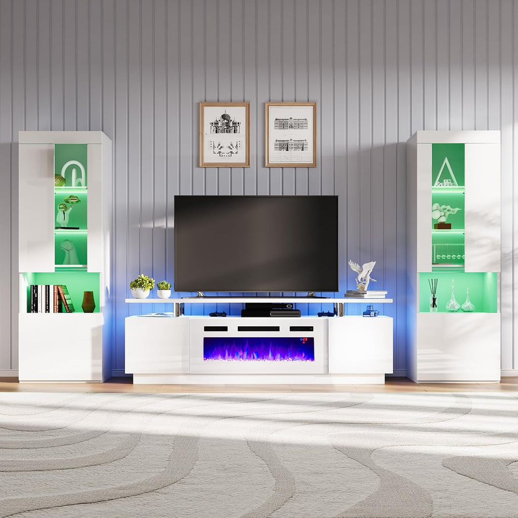 AMERLIFE Entertainment Center with 2-Tier Fireplace TV Stand, 2 x Modern High Gloss Bookshelves with LED Lights & Glass Doors, White