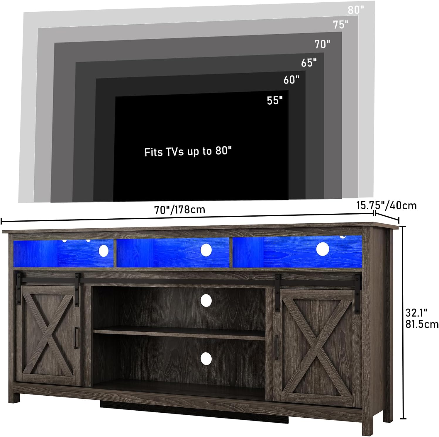 70' LED Farmhouse TV Stand for 80/75/70 Inch TVs, Tall Entertainment Center Storage Cabinets w/Power Outlets and Sliding Barn Door, Rustic Living Room Media Console Cabinet (Charcoal)