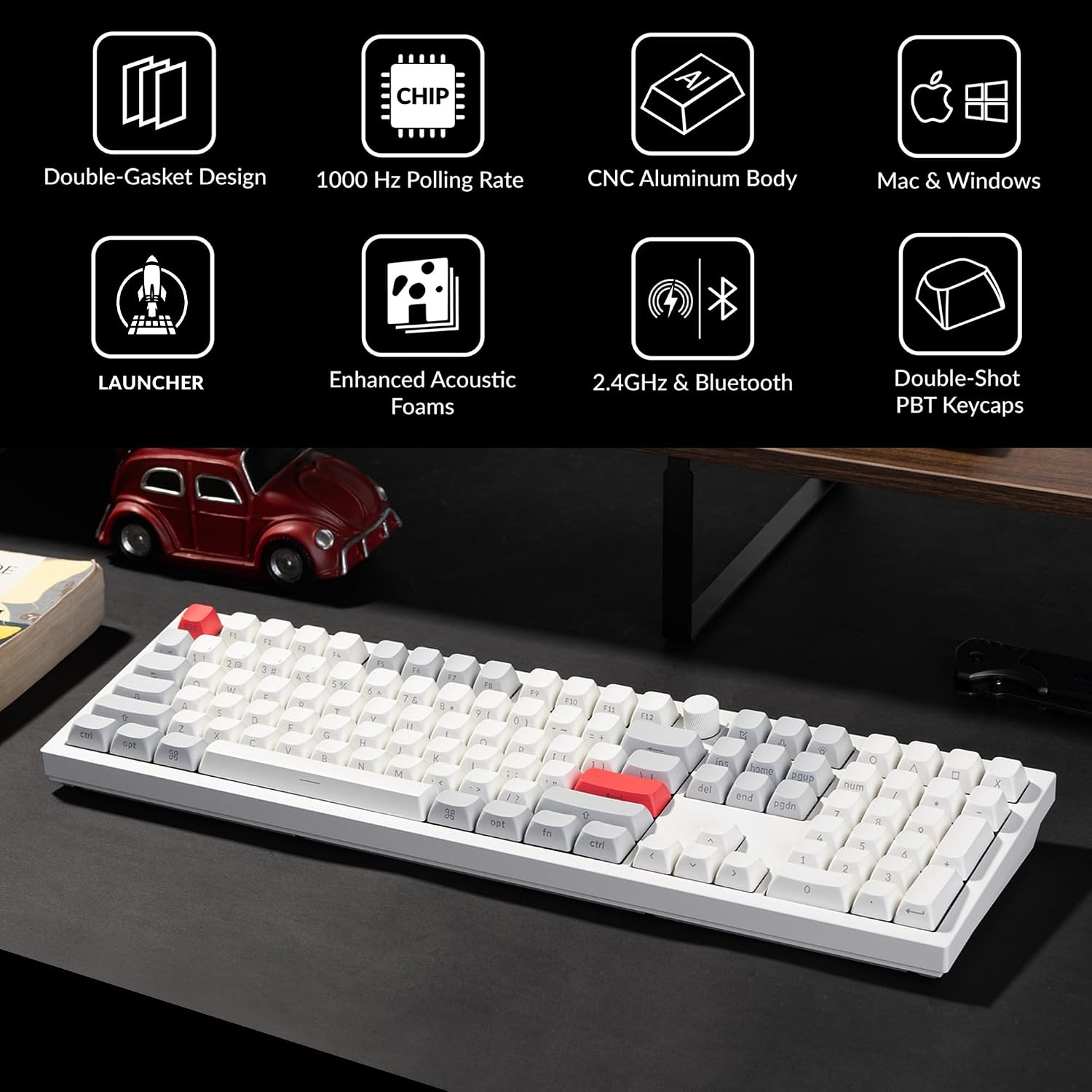 Keychron Q6 Max QMK/Launcher Wireless Bluetooth/2.4 GHz/USB-C Wired Custom Mechanical Keyboard, Full Size Programmable Knob RGB Backlit Hot-Swappable Gateron Red Switch for Mac Windows Linux - White