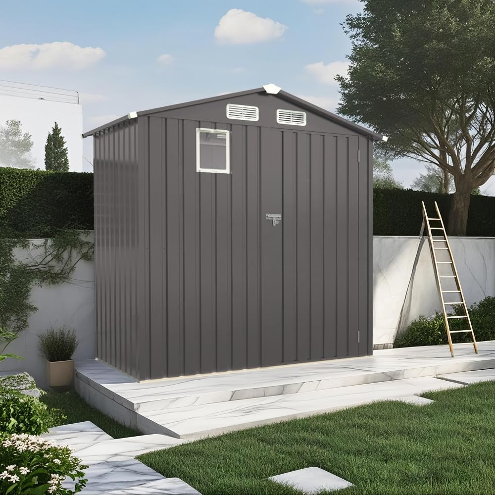 6X3.5 FT Metal Storage Shed Outdoor Tool Shed with Window, Lockable Door & Vents, Waterproof Backyard Garden Storage for Tools, Bikes, Sundries, Patio (Gray)