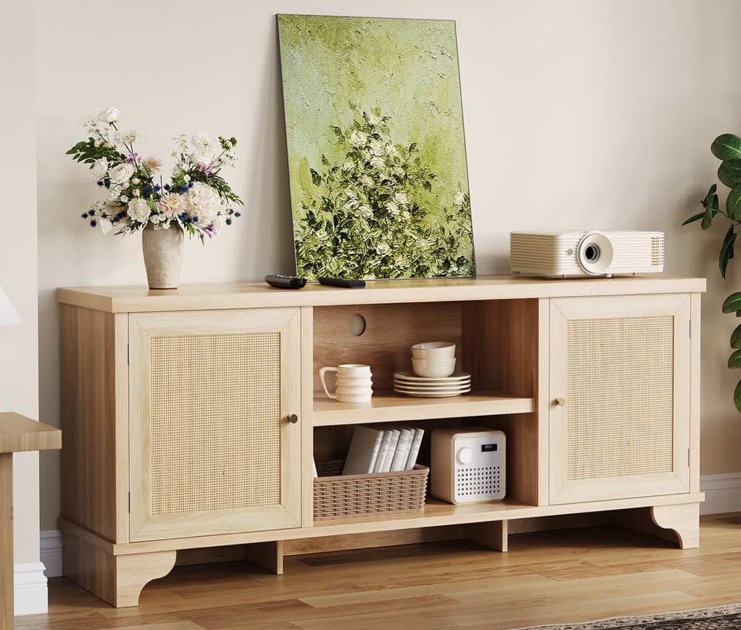 GarveeHome Rattan TV Stand Fits TVs Up to 70 Inches, Boho Entertainment Center with Storage, Wooden Media Console Table for Living Room, Natural Oak