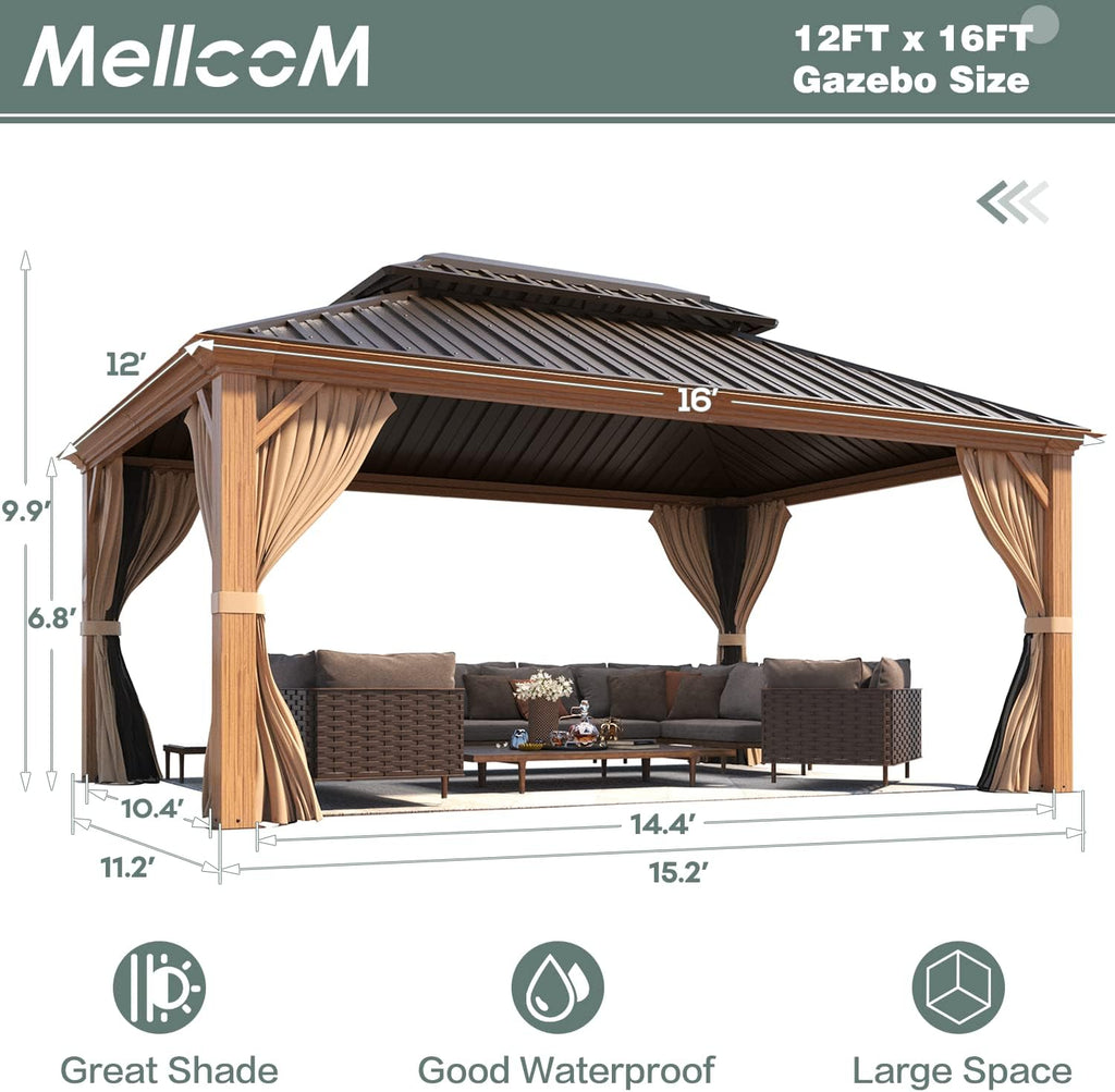 MELLCOM 12' x 16' Gazebo, Wooden Finish Coated Aluminum Frame Hardtop Gazebo with Galvanized Steel Double Roof, Outdoor Permanent Metal Pavilion with Curtains and Nettings for Patios, Gardens, Lawns