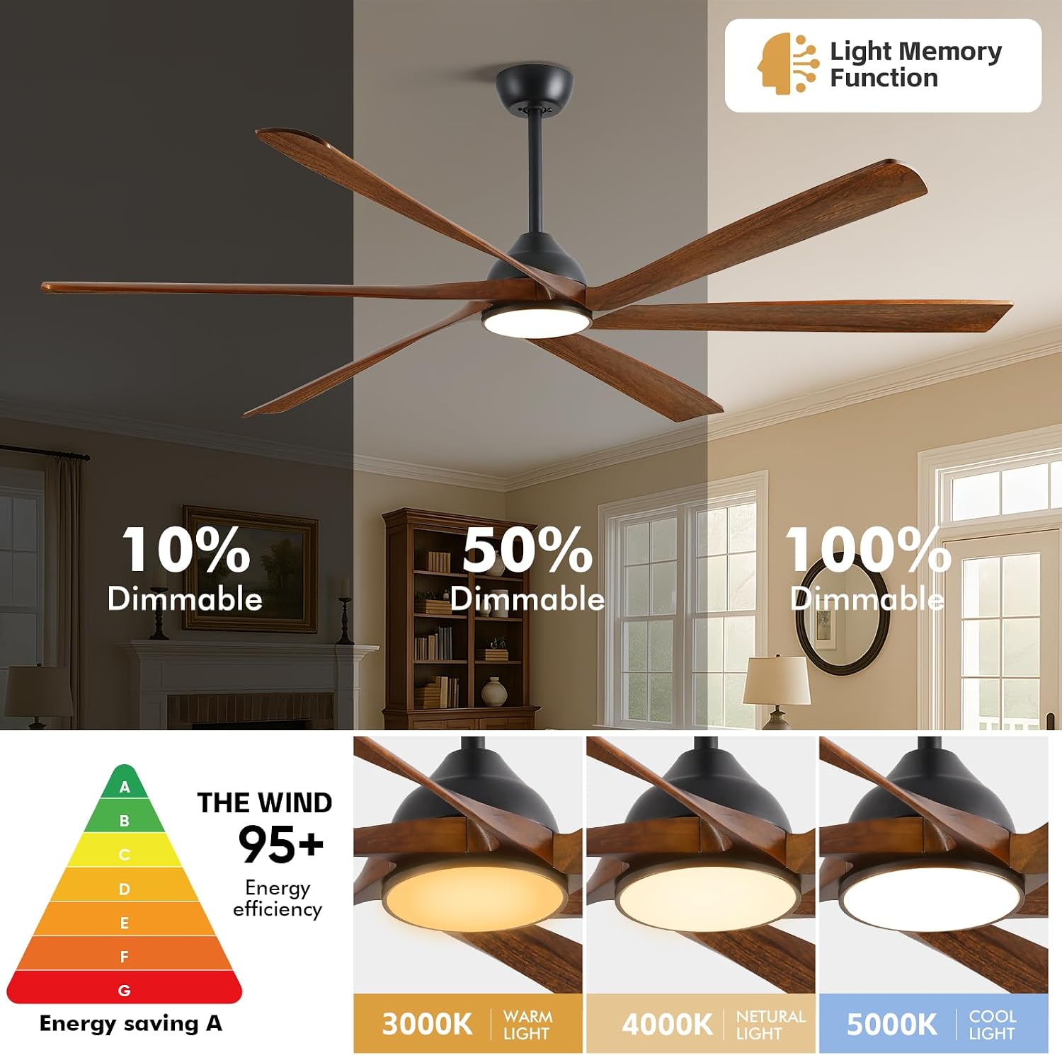72 Inch Outdoor Ceiling Fan with Light, WiFi Smart Alexa/App/Remote Control, 6 Modern Farmhouse Solid Wood Blades, High CFM Reversible Quiet DC Motor, Damp Rated for Large Patios, Indoor High Ceiling