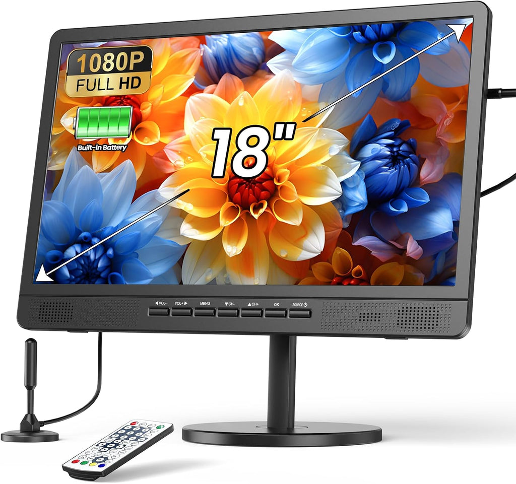 Desobry 18.5' Portable TV with Antenna, 6500mAh Rechargeable Portable Monitor with 1080P HDMI Input, AV Input, USB, Small TV for Travel, Camping, Kitchen, Bedroom, RV, Power Outage