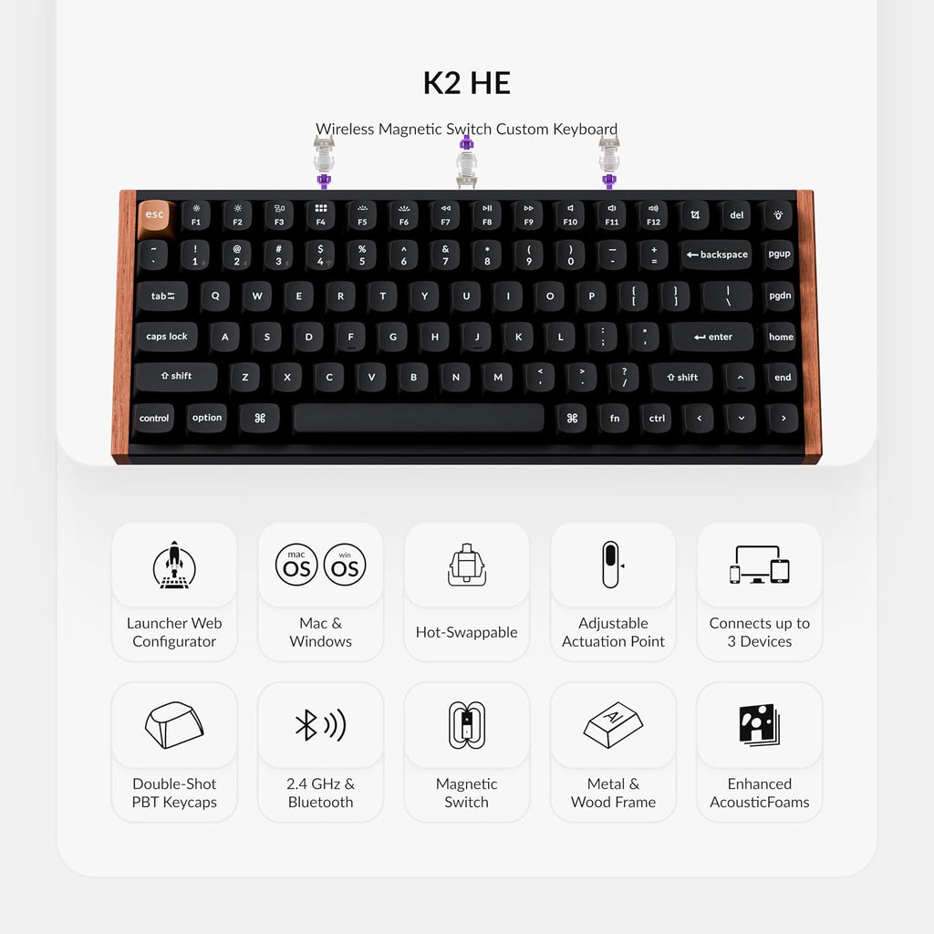 Keychron K2 HE Wireless Magnetic Switch Custom Keyboard and M3 Bluetooth 79g Lightweight Mouse QMK 2.4 GHz with Hall Effect Gateron Double-Rail, 3311 Sensor 12000 DPI Compatible with Mac Windows Linux