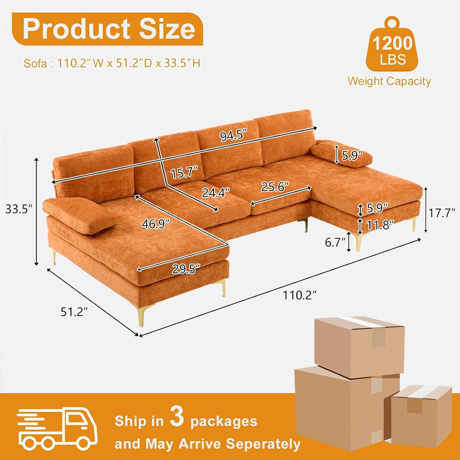 VINGLI 110' Sectional Couches for Living Room,U Shape Couch with Double Chaise, 4-Seat Sofa Set with Chenille Fabric for Home Furniture,Burnt Orange
