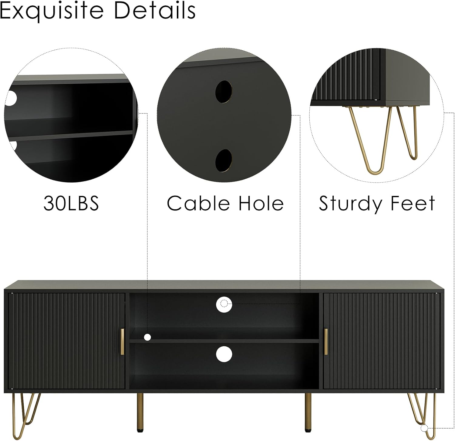 TV Stand for 55-65 inch TV, Entertainment Center with Soft Hinge Door,TV Console Table with 2 Cabinets with Gold Handle and Feet,for Living Room, Bedroom, Black
