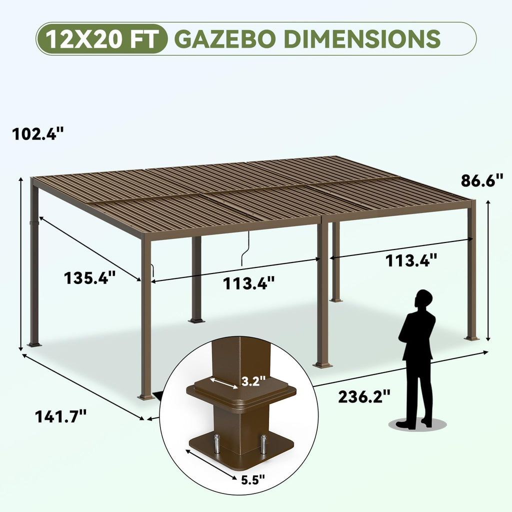 MELLCOM 12x20 Gazebo with Adjustable Galvanized Steel Roofs, All Aluminum Frame Permanent Pergola for Patio, Outdoor Freestanding Shelter, Dark Brown