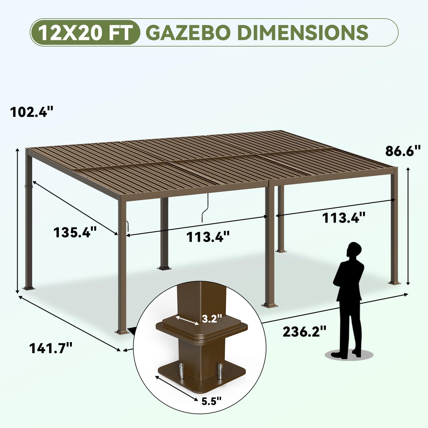 MELLCOM 12x20 Gazebo with Adjustable Galvanized Steel Roofs, All Aluminum Frame Permanent Pergola for Patio, Outdoor Freestanding Shelter, Dark Brown