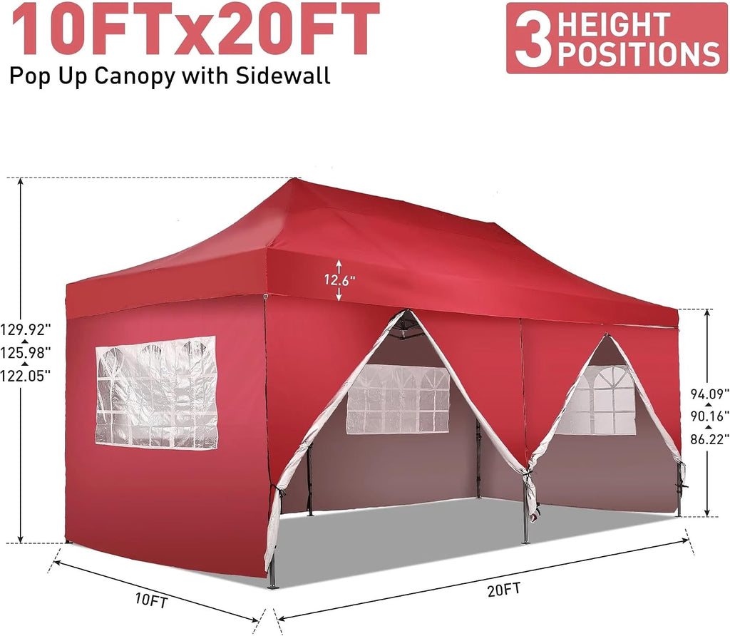 Outdoor Basic 10' x 20' Pop up Canopy Tent, Instant Heavy Duty Gazebo Tent with 6 Sidewalls/Wheeled Bag for Party Commercial Activity (Red, with 6 Sidewall)