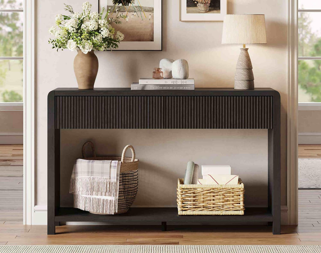 FATORRI Console Table for Entryway, Modern Sofa Table with 2 Drawers for Living Room, Wood Hallway Tables and Couch Tables Behind Sofa (47.2 inch, Black)
