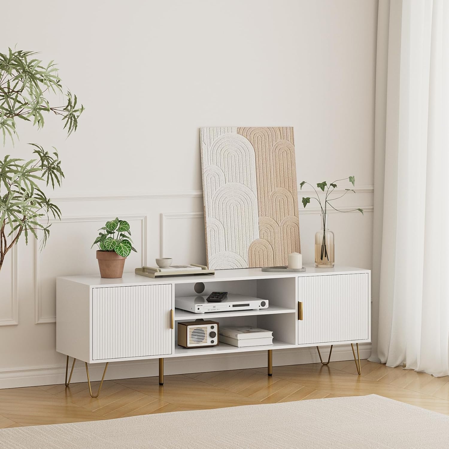 TV Stand for 55-65 Inch TV, Entertainment Center with Soft Hinge Door,TV Console Table with 2 Cabinets with Gold Handle and Feet,for Living Room, Bedroom, White
