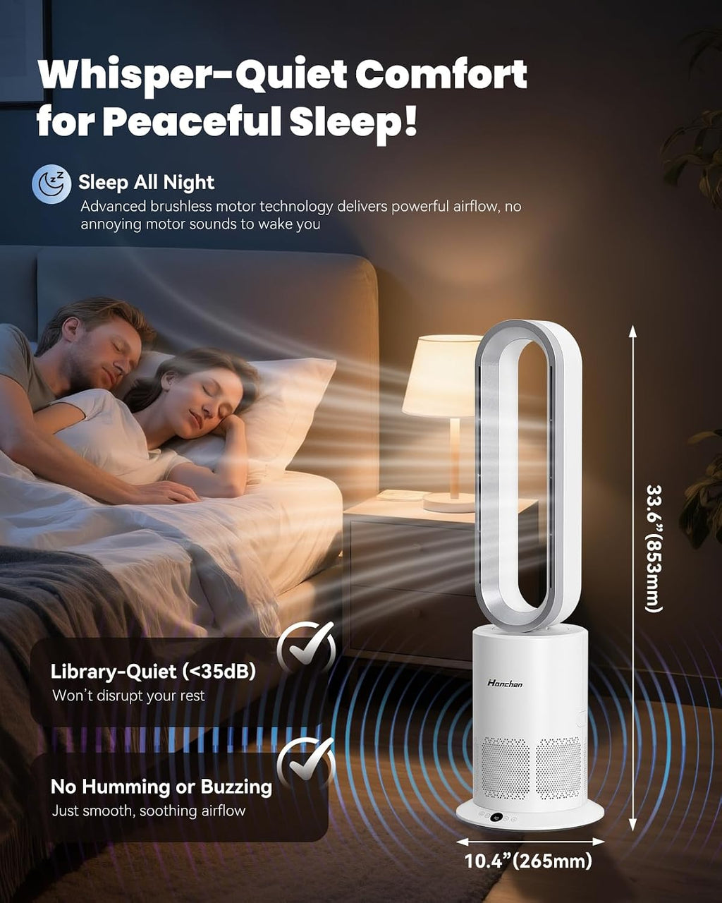 Hanchen Dual-Tech Bladeless Tower HEPA Fan, Ultra-Quiet 3-in-1 Cooling, Heating & Air Purifier | UL Listed PTC Ceramic Fast Heat, Auto Shutoff, Sturdy Base for Home, Office & Bedroom