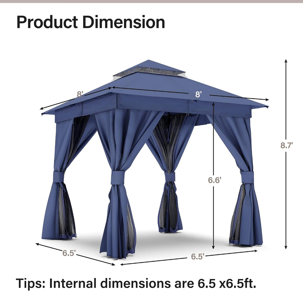 LAUSAINT HOME Gazebo 8x8ft, Heavy Duty Patio Gazebo with Expansion Bolts, Party Canopy Tent with Double Roofs, Mosquito Nettings and Privacy Screens for Backyard, Garden, Lawn, Navy Blue
