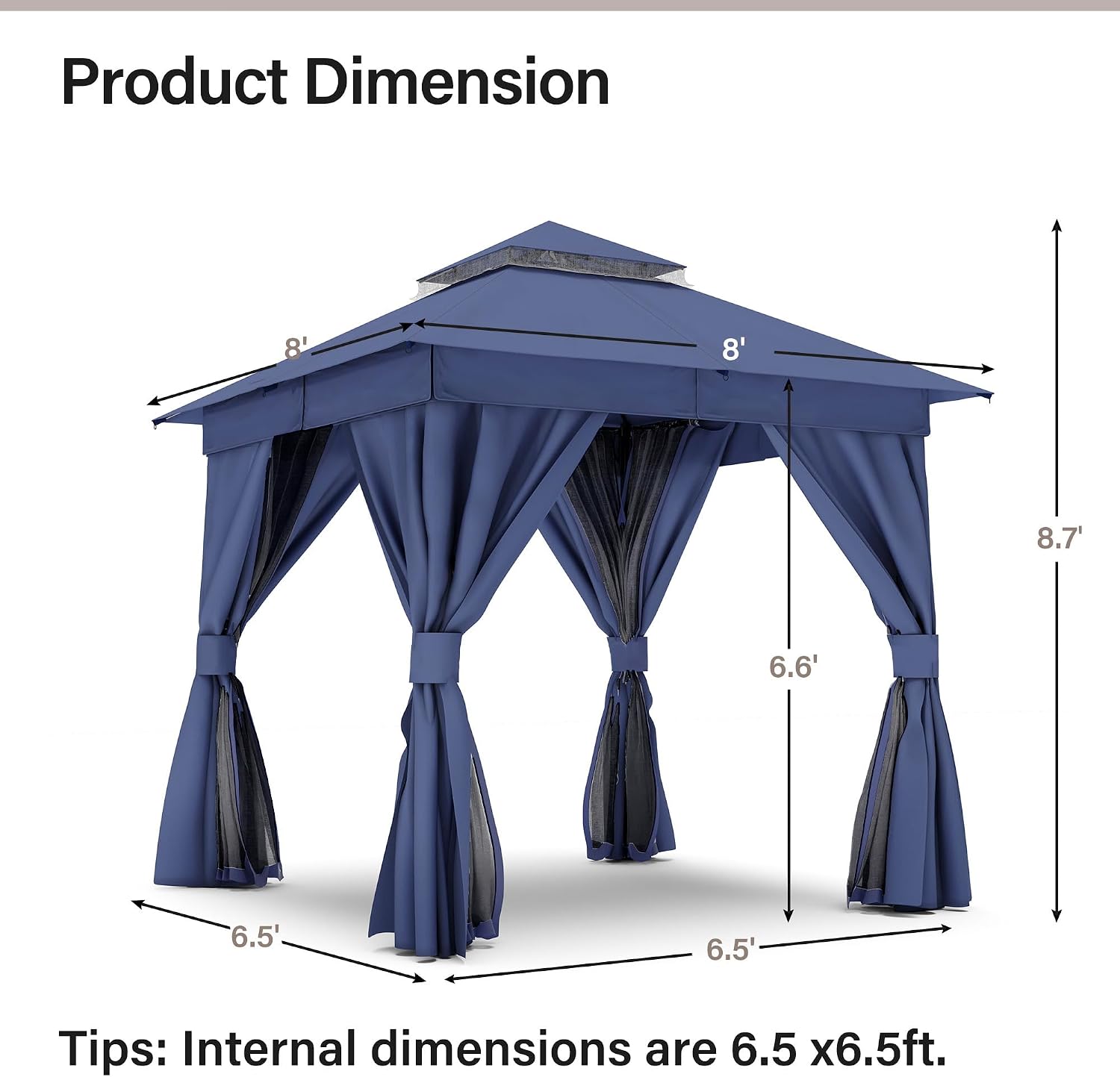 LAUSAINT HOME Gazebo 8x8ft, Heavy Duty Patio Gazebo with Expansion Bolts, Party Canopy Tent with Double Roofs, Mosquito Nettings and Privacy Screens for Backyard, Garden, Lawn, Navy Blue