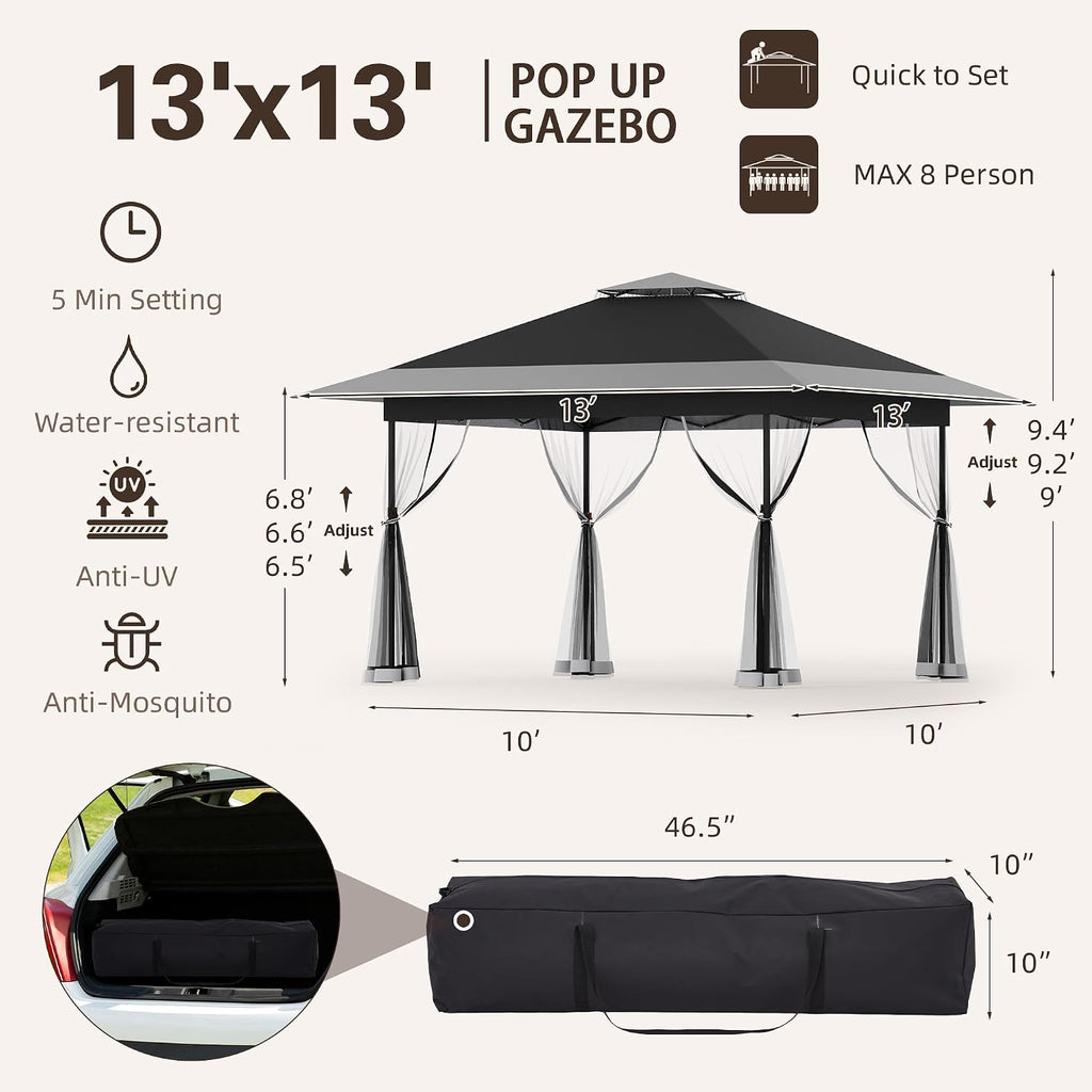 Bezseller 13x13 Pop Up Gazebo with Mosquito Netting – Easy 1-Person Setup, Water-Resistant Backyard Canopy for Family Patio & Garden Use, Black