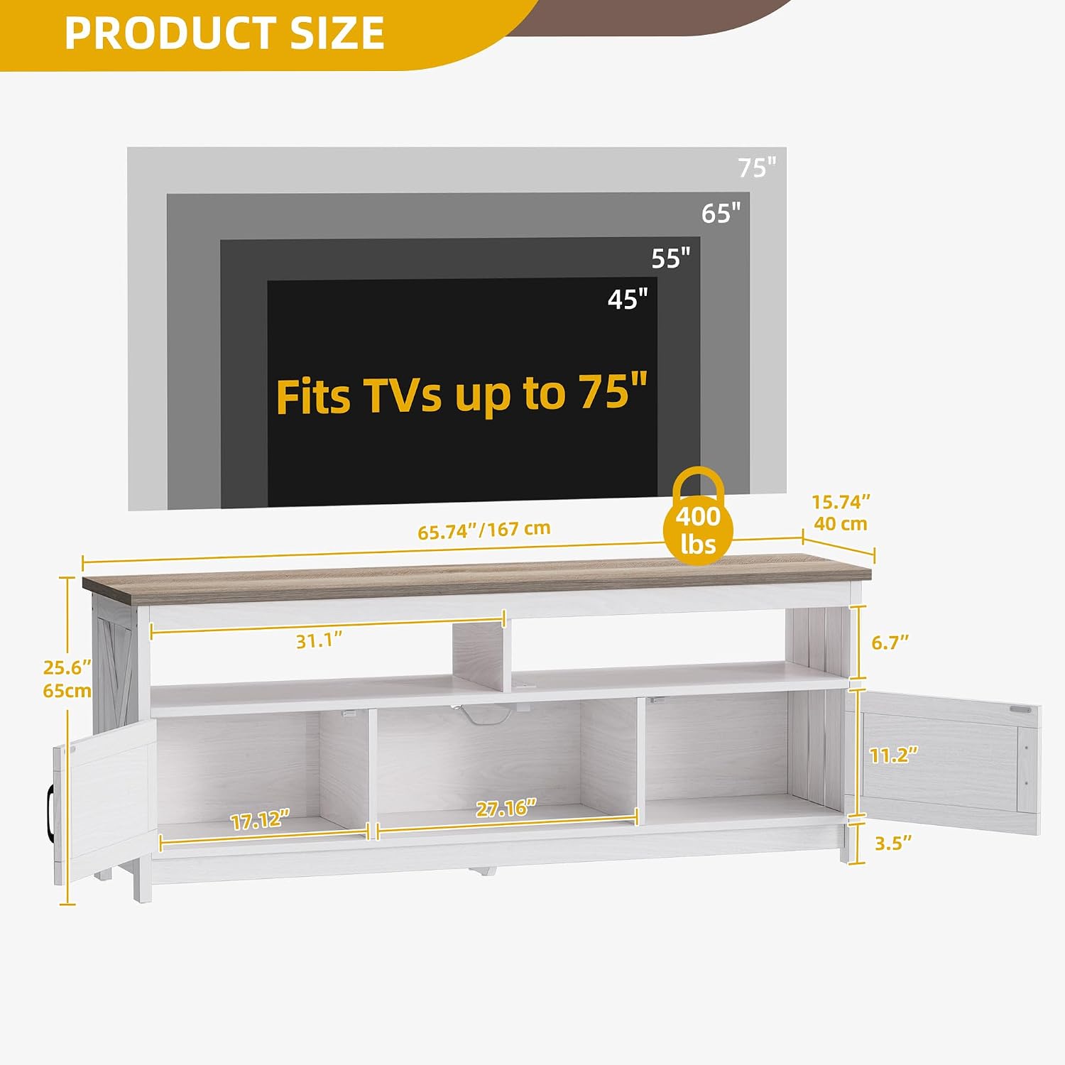 DWVO TV Stand for 75 Inch TV with Power Outlets, Farmhouse Entertainment Center with Storage Cabinets, Rustic TV Cabinet Media Console Table for Living Room, White