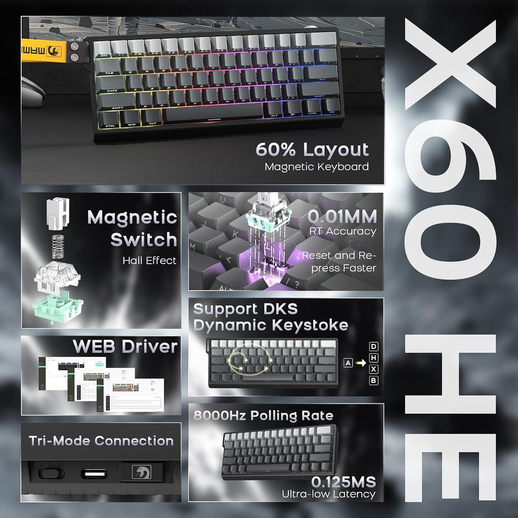 ATTACK SHARK X11 Mouse and X60 HE Keyboard Wireless Gaming Combo,Magnetic Switch,8K Polling Rate,Hall Effect,Rapid Trigger,PAW3311 Optical Sensor,22K DPI,Lightweight-Black