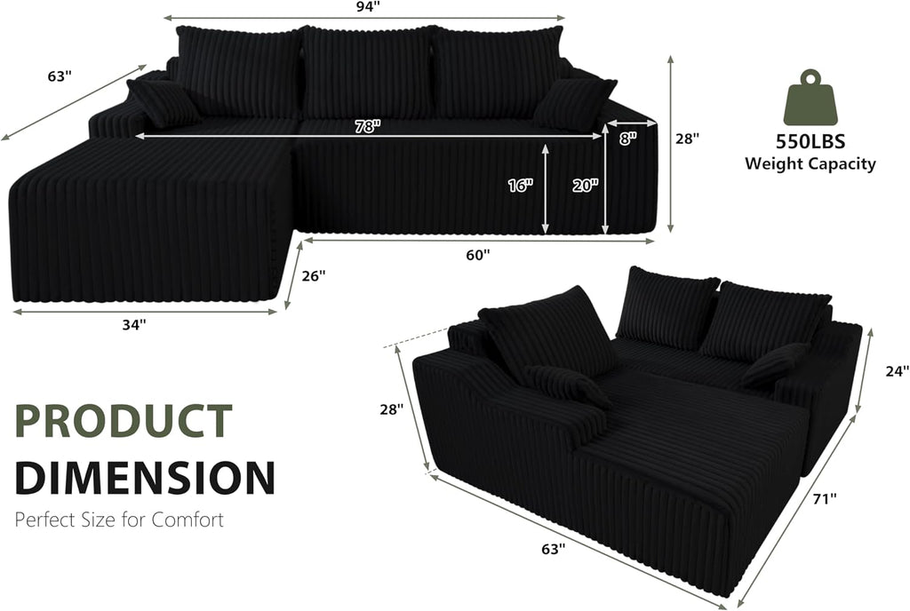 HABUTWAY 94'' Cloud Sectional Couch, Boneless Sofa with Deep Seat, Modular Comfy L-Shape Couch with Chaise for Living Room Bedroom, No Assembly Required(Black,Left Facing Chaise)