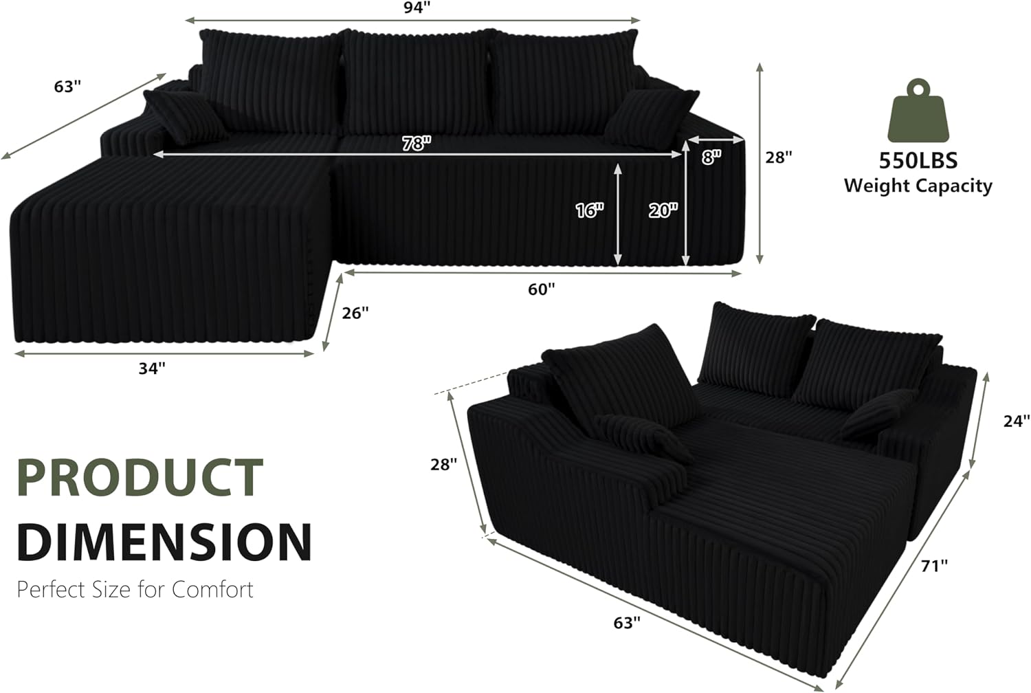 HABUTWAY 94'' Cloud Sectional Couch, Boneless Sofa with Deep Seat, Modular Comfy L-Shape Couch with Chaise for Living Room Bedroom, No Assembly Required(Black,Left Facing Chaise)