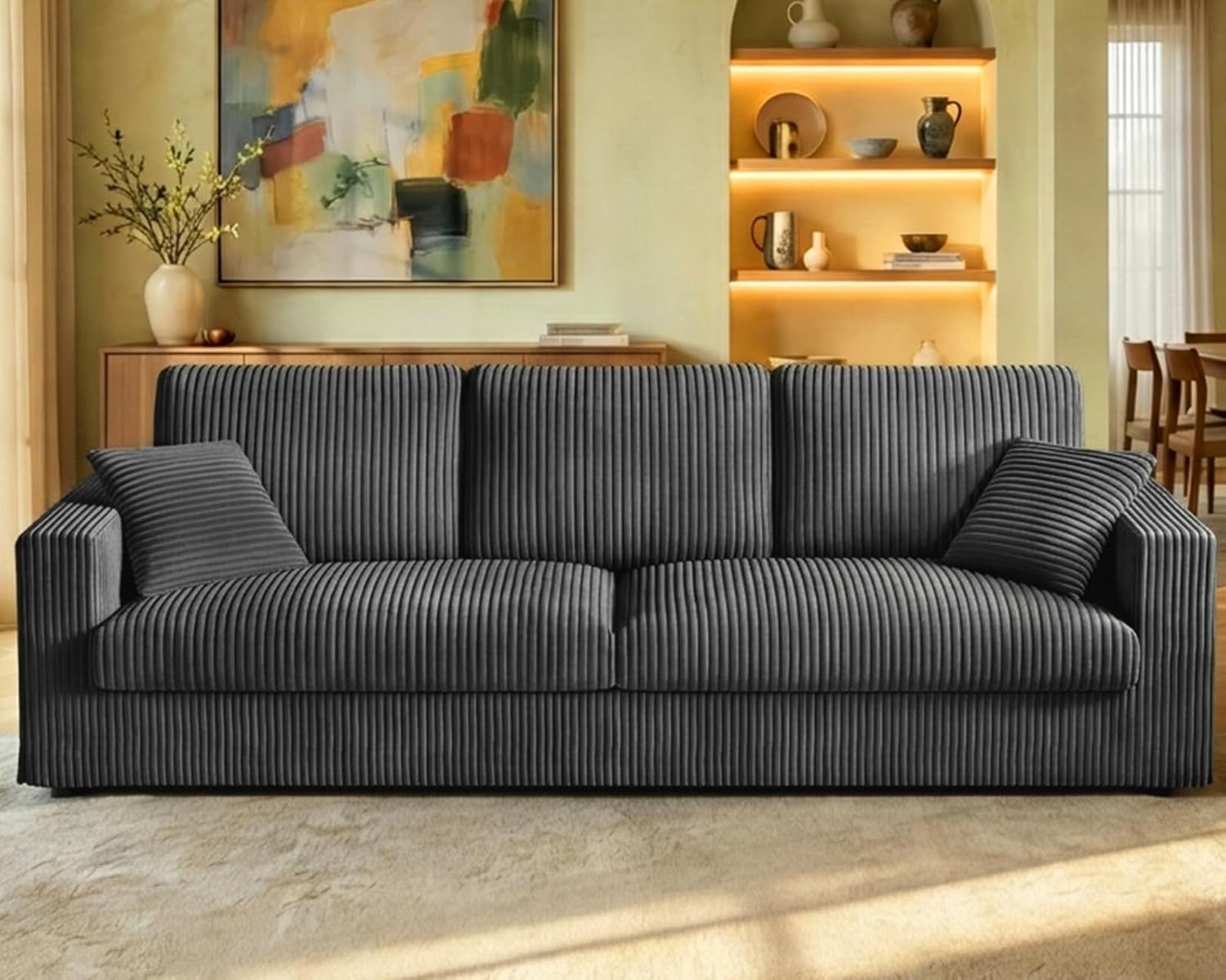 Welzona Corduroy Sofa Couch, 101' Comfy Couches for Living Room, Classic Grey | 24' Extra Deep Seat, Tool-Free Sofas, All-Wood Loveseat, 2 Pillows Included, 850lbs Load-bearing