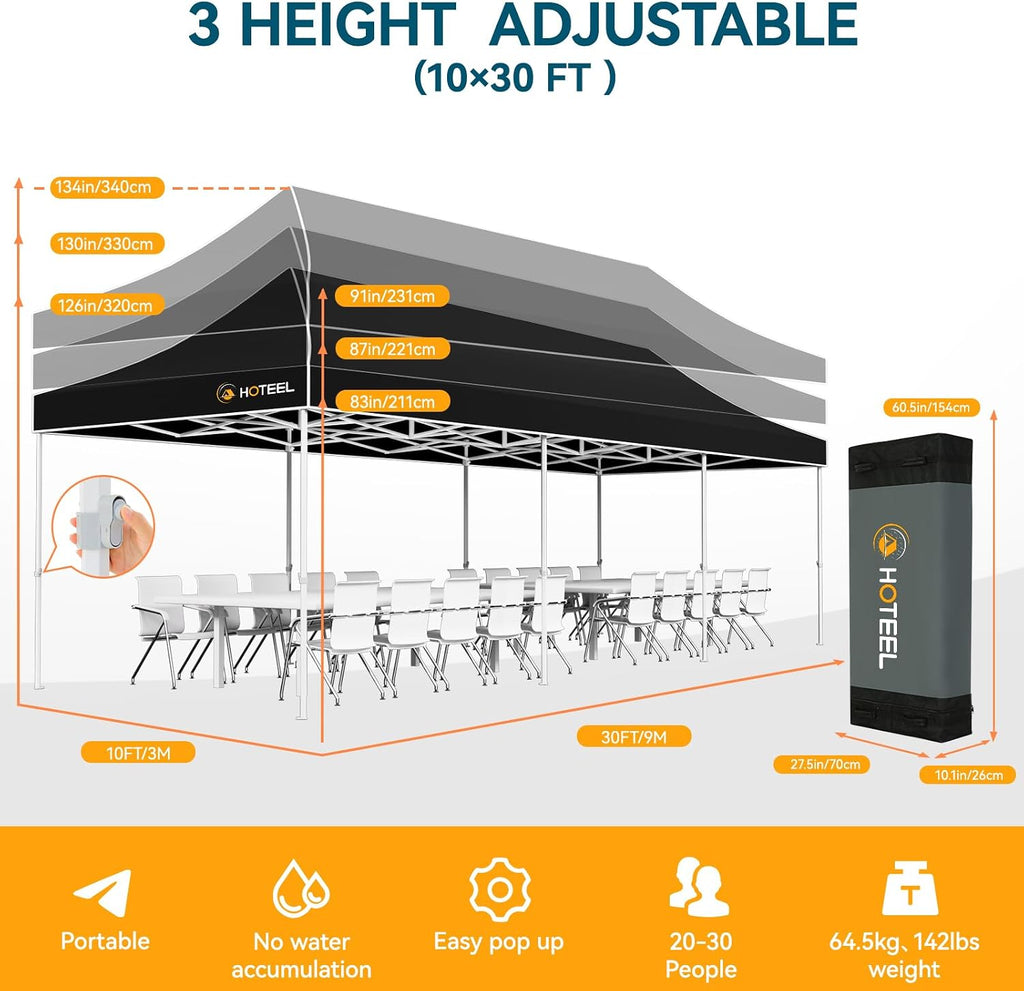 Hoteel 10x30 Pop Up Canopy Tent Heavy Duty with 8 Sidewalls, Waterproof Party Tent, Easy Set-up Commercial Instant Tents with Hand Bag, Rope & Nail, Hexagonal Leg, Black (1-Year Warranty)