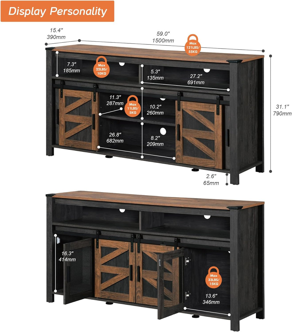 WAMPAT Farmhouse Entertainment Center for 65 Inch TVs, 59' Barn Door TV Stand with Sliding Barn Doors & Mesh Accents, Adjustable Farmhouse TV Stand with Storage for Living Room, Dark Walnut and Black