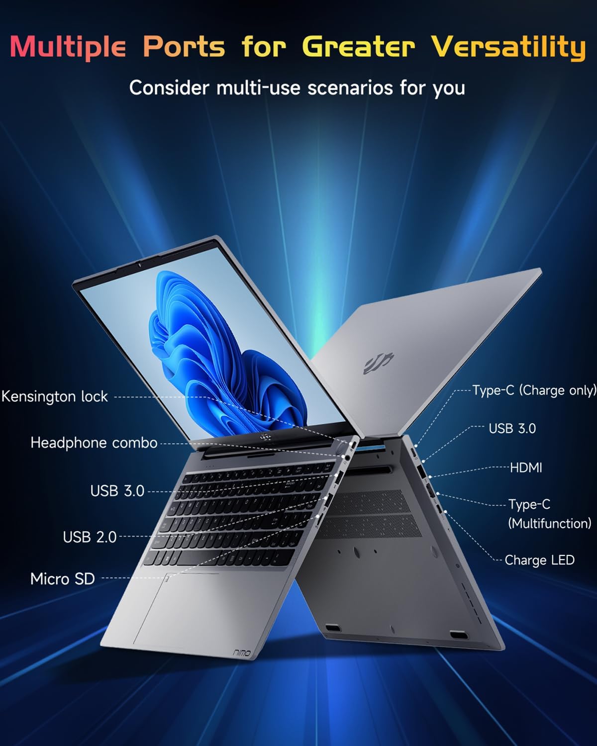 NIMO 15.6' IPS FHD-Laptop, Intel Pentium Quad Core N100 8GB RAM 256GB SSD (Beat i3-1115G4, Up to 3.4GHz) Computer with Backlit Keyboard Fingerprint Type-C Charger WiFi 6 BT5.2, for Student and Home