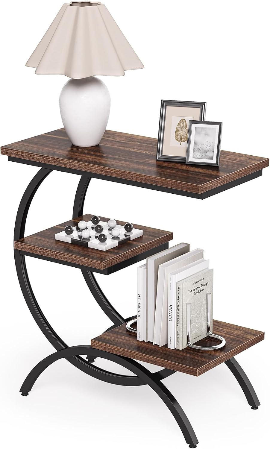 LITTLE TREE End Table Set 2, Narrow End Table with 3 Storage Shelves, Industrial C-Shaped Small Sofa Side Table for Living Room, Wood Slim Snack Table with Black Metal Frame, Rustic Brown