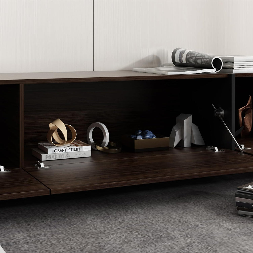 AIEGLE 95.1' W TV Stand with 4 Flip-Down Drawers, Modern Entertainment Center with Storage, Media Console Table TV Cabinet, Dark Brown
