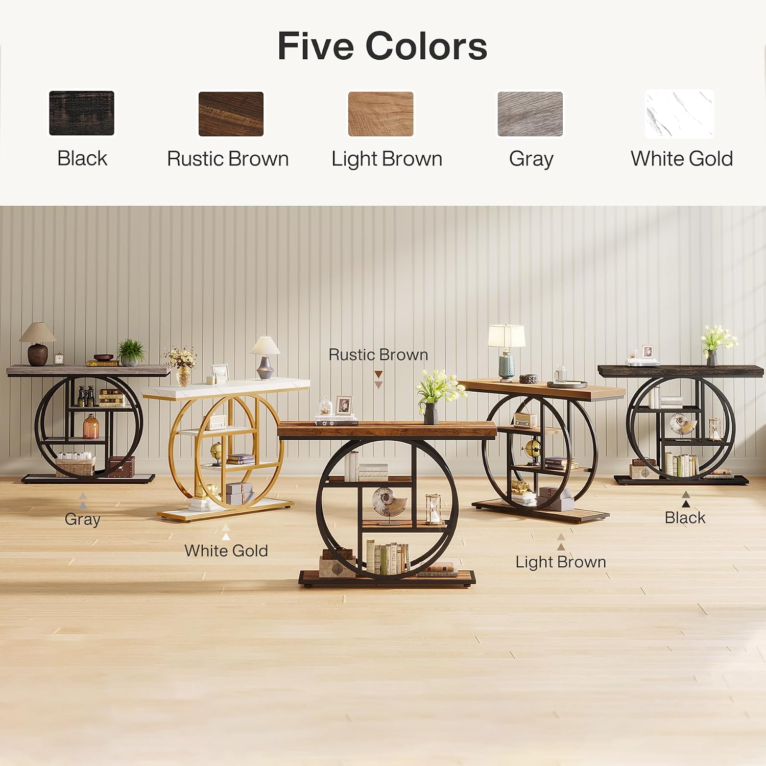 Tribesigns 41.3' Console Table, Industrial 4-Tier Sofa Table Entryway Table with Circle Base, Narrow Wood Accent Tables with Storage Shelves for Living Room, Hallway, Foyer, Charcoal Black