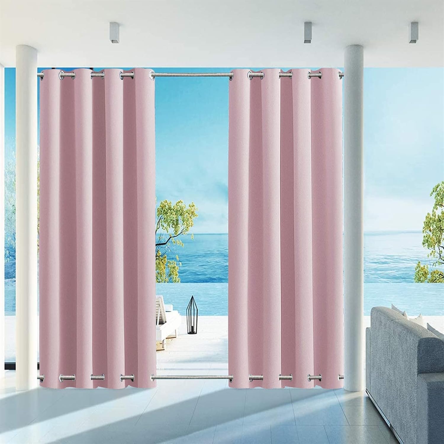 SK Studio Outdoor Curtains for Patio Waterproof Sunlight Block Rustproof Grommet Top and Bottom Windbreak Privacy Curtain for Gazebo, Front Porch, Pergola, 2 Panels, Light Pink, 100' W x 96' L