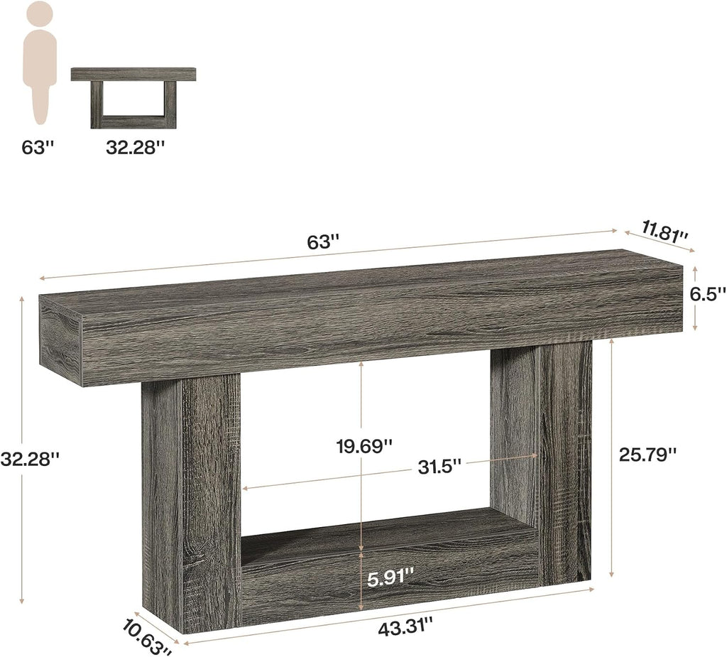 Tribesigns 63-Inch Long Console Table, 2-Tier Entryway Table Sofa Table with Storage, Farmhouse Wood Behind Couch Table for Living Room, Hallway, Rustic Gray