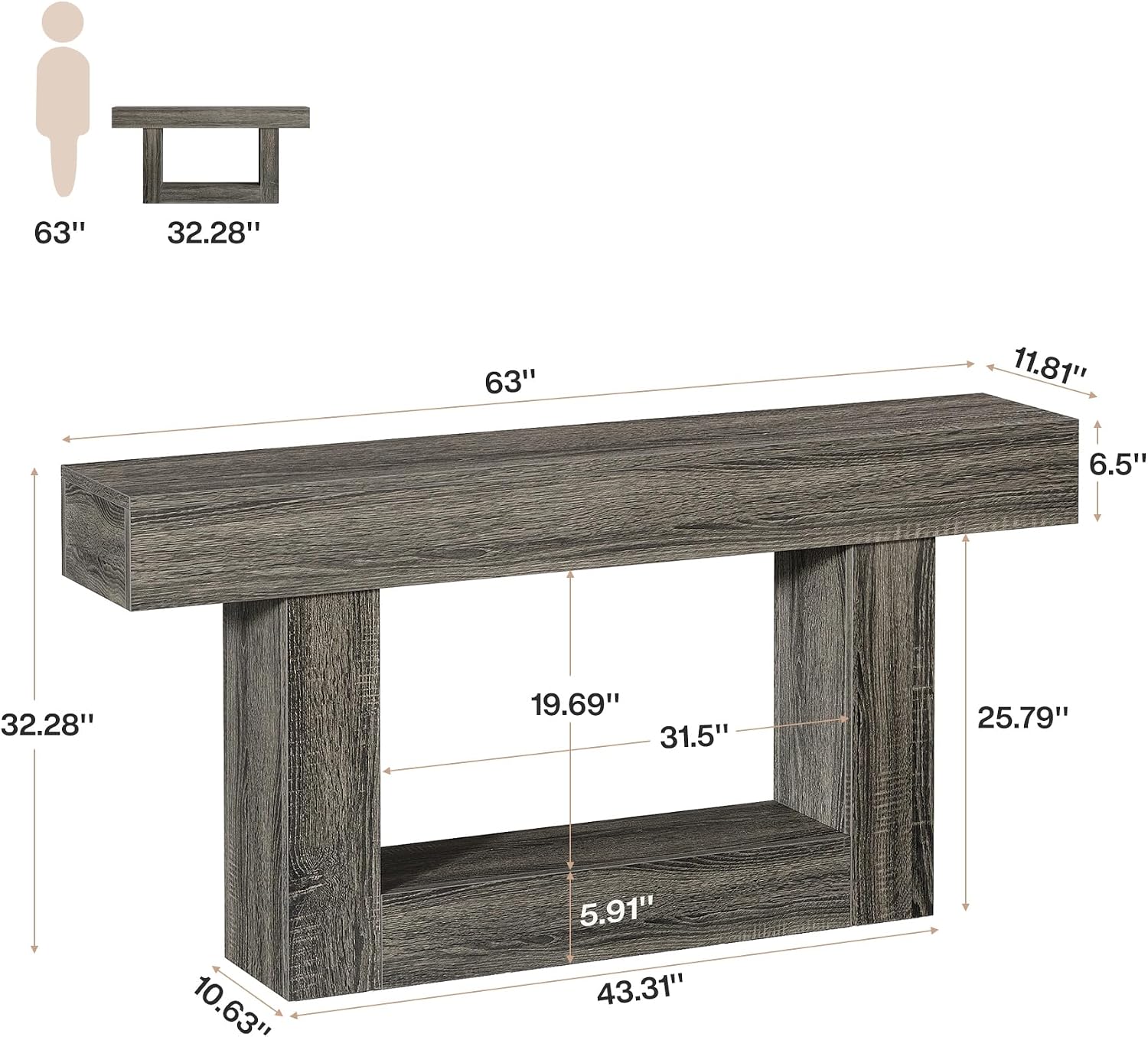 Tribesigns 63-Inch Long Console Table, 2-Tier Entryway Table Sofa Table with Storage, Farmhouse Wood Behind Couch Table for Living Room, Hallway, Rustic Gray
