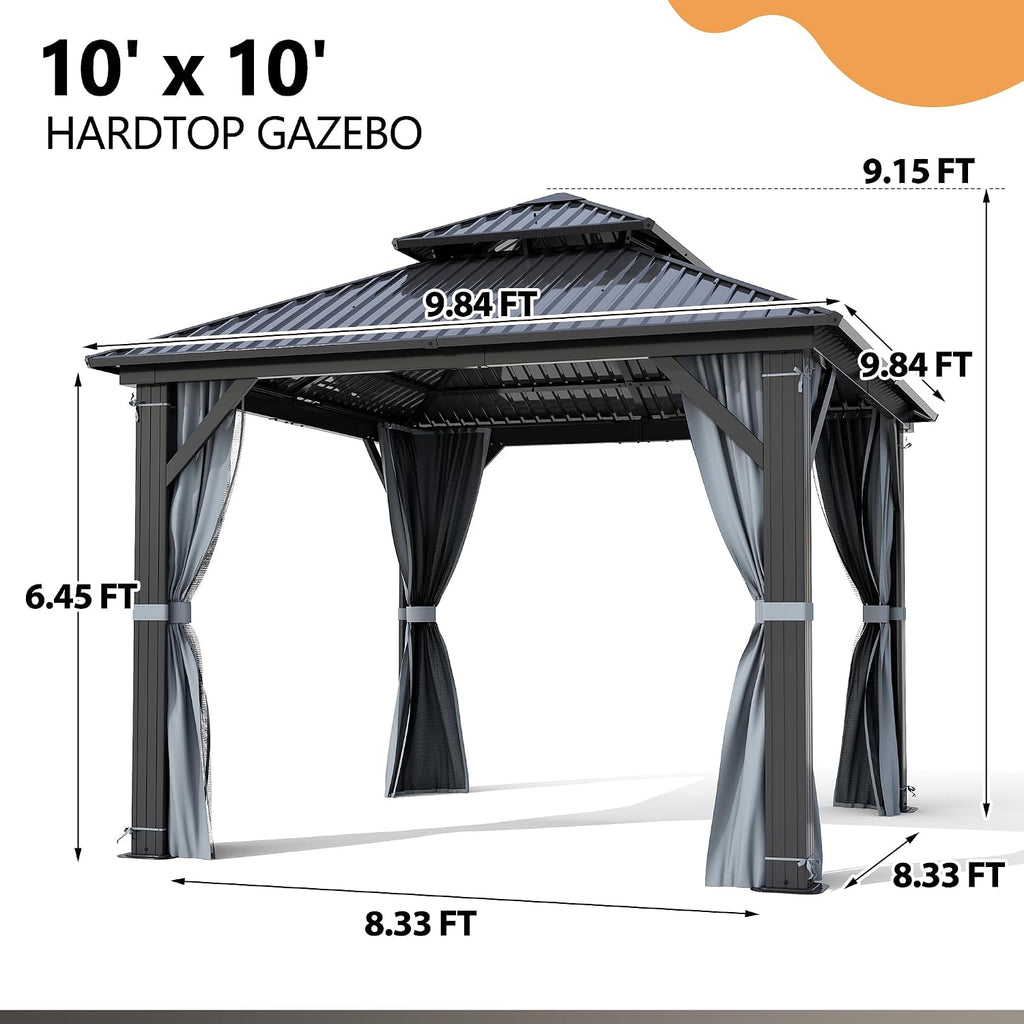 10'x10' Hardtop Gazebo, Heavy Duty Double Roof Galvanized Aluminum gazebos with Netting & Curtain, Outdoor Patio Gazebo for Patio, Backyard, Deck, Lawn (10x10 FT)