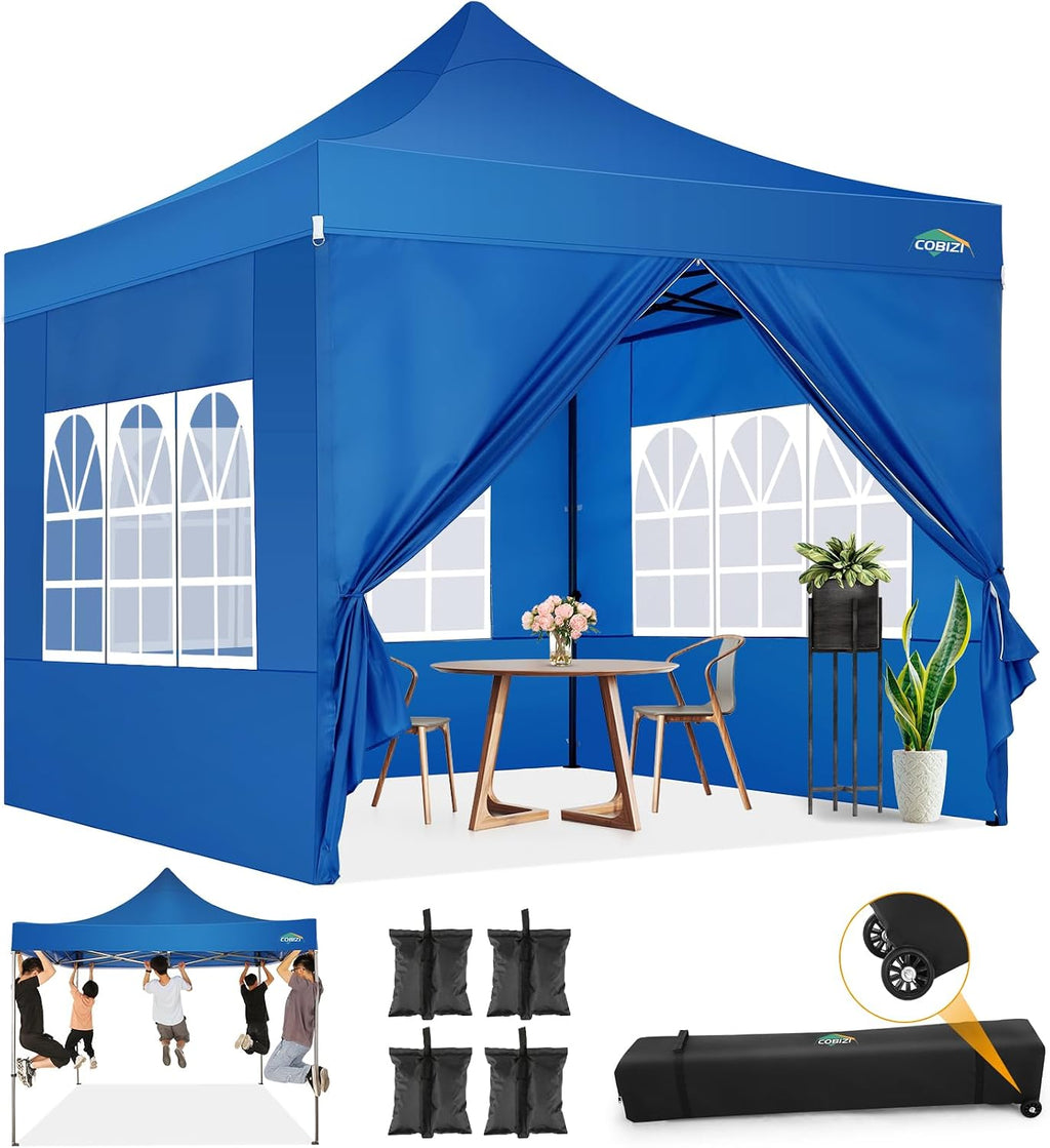COBIZI 10x10 Pop Up Canopy with Sidewalls Heavy Duty Party Tent with Removable Awning Easy Up Outdoor Canopy Wedding, All Season Windproof&Waterproof with Roller Bag UPF 50+, Blue