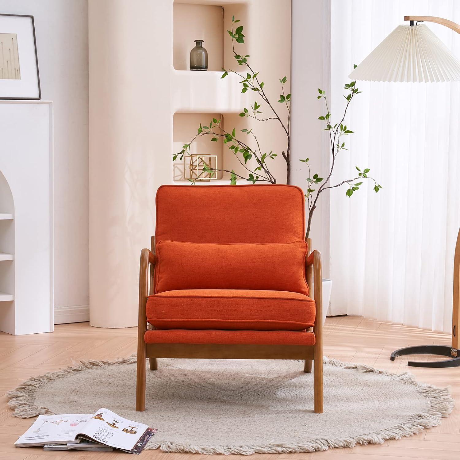 Karl home Accent Chair Mid-Century Modern Chair with Pillow Linen Fabric Upholstered Lounge Arm Chair with Solid Wood Frame & Soft Cushion for Living Room, Bedroom, Balcony, Burnt Orange