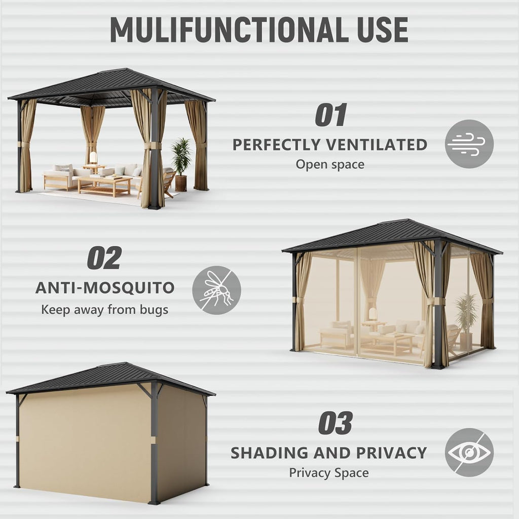 10x12 Hardtop Gazebos, Heavy Duty Outdoor Gazebo with Powder-Coated Iron Frame, Galvanized Steel Roof & Mosquito Netting, Permanent Pavilion Gazebo for Backyards & Patios