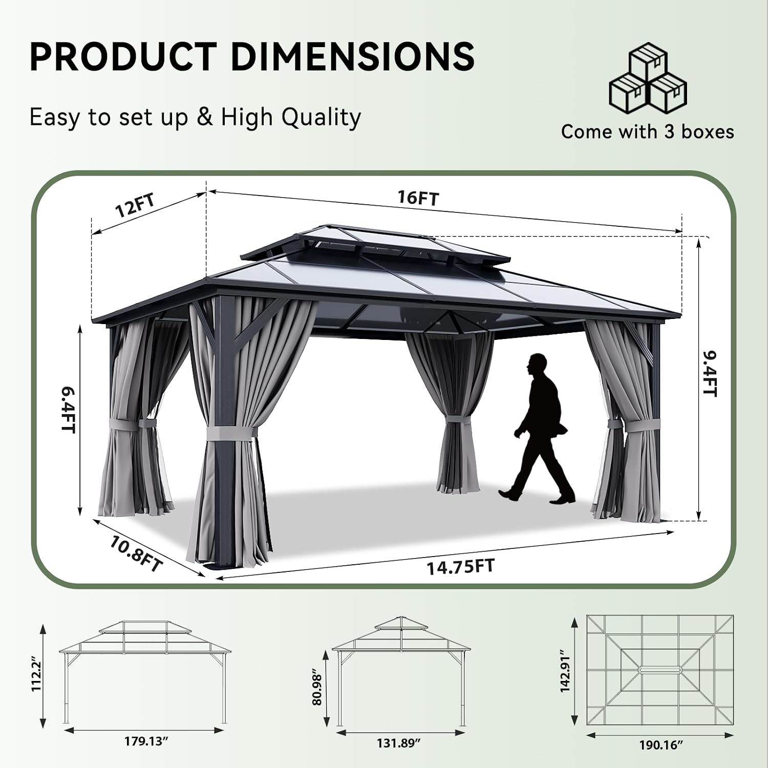 Aoxun 12x16FT Hardtop Gazebo, Aluminum Frame Permanent Pavilion with Curtains and Netting, Outdoor Polycarbonate Double Roof Canopy, Designed for Garden, Lawns, Patio