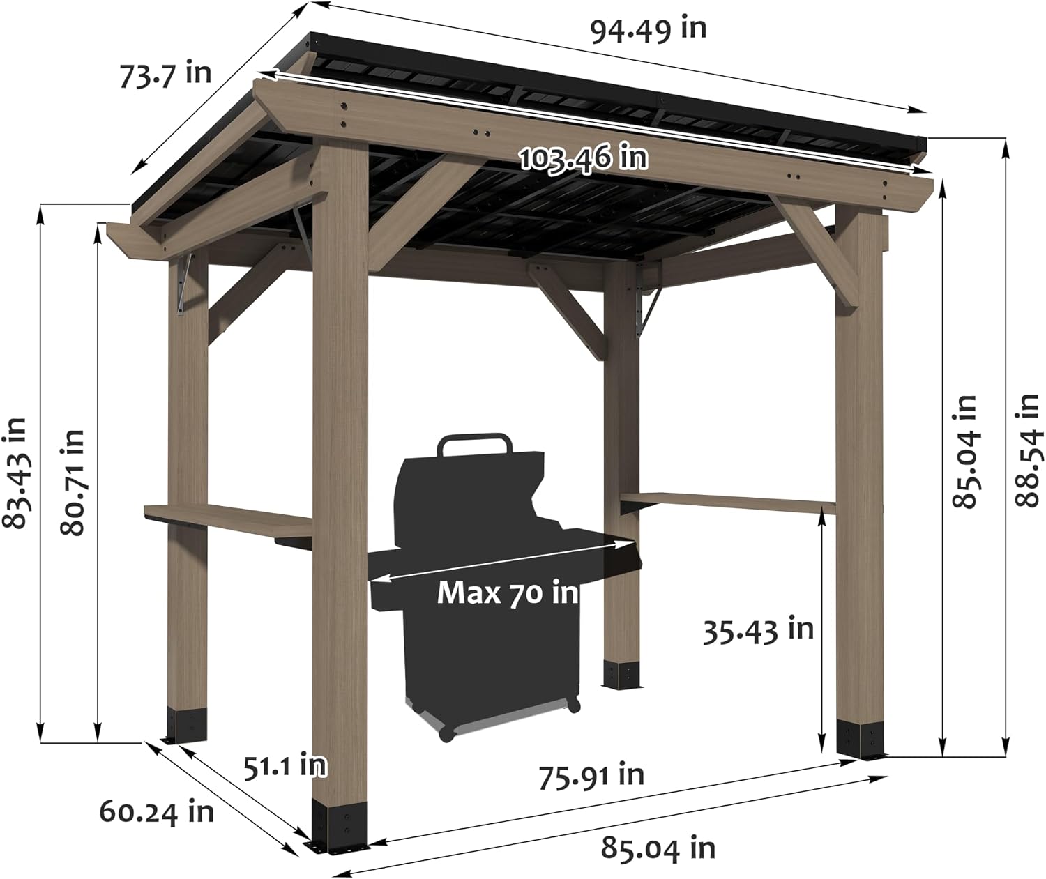 8x6 FT Cedar Wood BBQ Grill Gazebo with Hardtop Steel Sloping Roof, Wooden Outdoor Gazebo Pergola with 2 Side Storage Shelves for Barbecue, Garden, Deck, Backyard