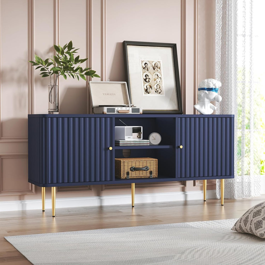 ARTPOWER 55' Fluted TV Stand, Mid Century Modern Blue TV Stand for 55/60/65 inch TV, Entertainment Center with Storage, Television Stands, TV Console, Media Console for Living Room, Bedroom (Blue)