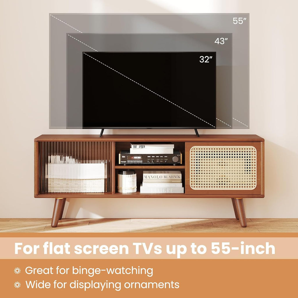 Tangkula Mid Century Modern TV Stand for TVs up to 55', Bamboo Entertainment Center w/PE Rattan & Tempered Glass Sliding Doors, Adjustable Shelf, Media Console for Living Room, Walnut