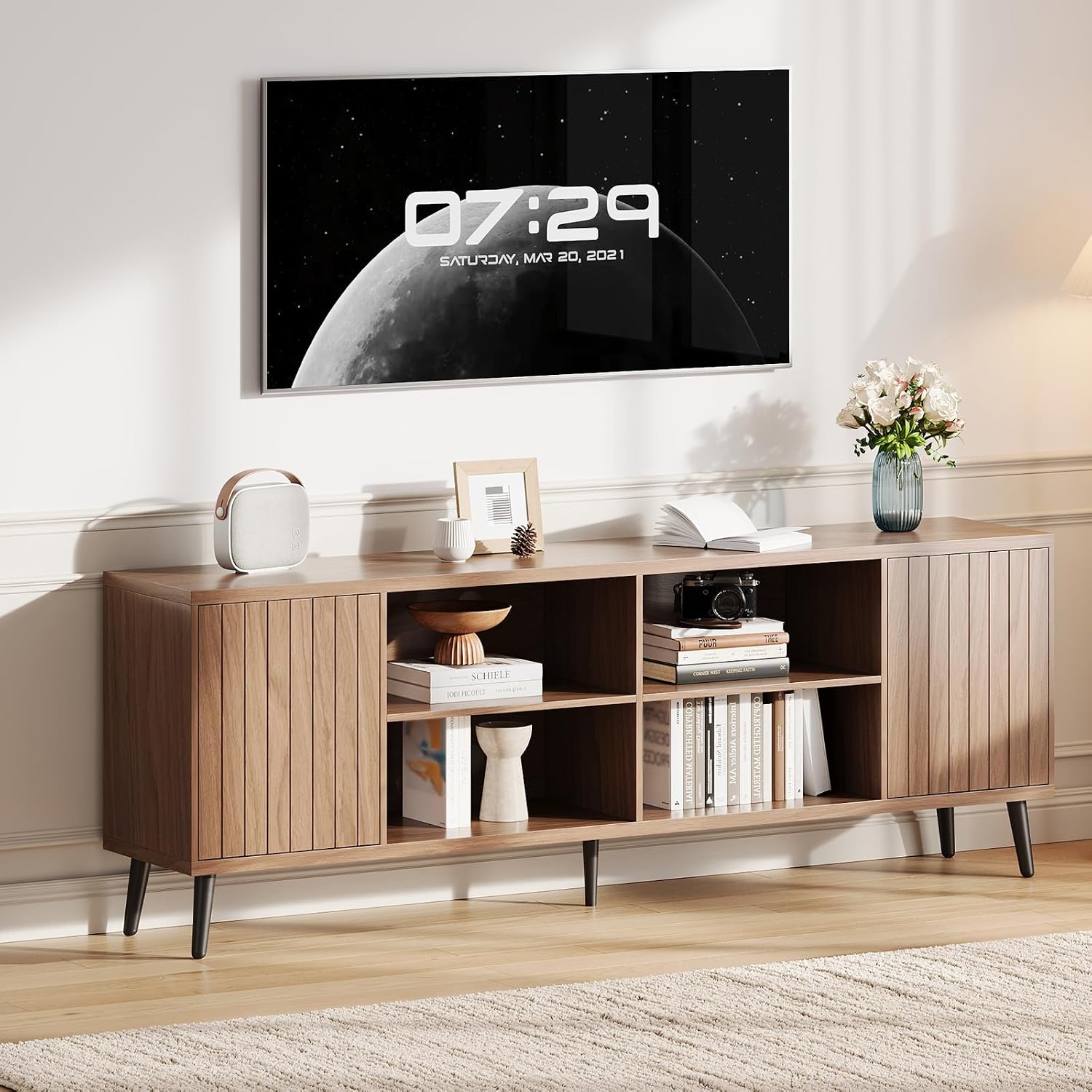70' Fluted TV Stand for Living Room , Mid Century Modern Television Stand with Open Storage Shelves for Up to 75 Inch TVs, Entertainment Center Media Console TV Cabinet with Adjustable Shelves